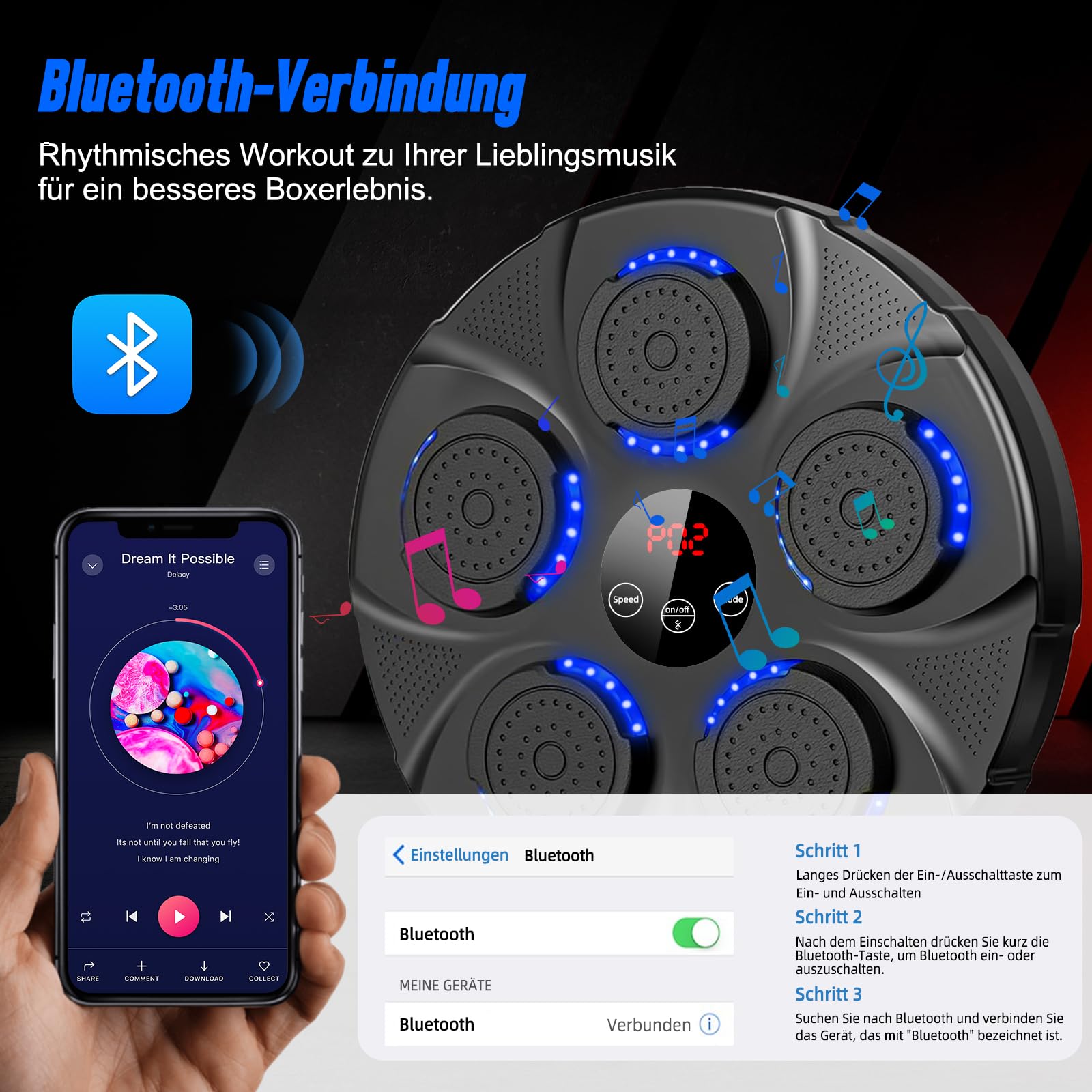 Music Boxing Machine, Großes Wandmodell Professioneller Boxmaschine Musik mit Boxhandschuhen Bluetooth-Verbindung, 9 Geschwindigkeiten und Modi, für Kinder und Erwachsene，Heim, Fitnessstudio, Schwarz