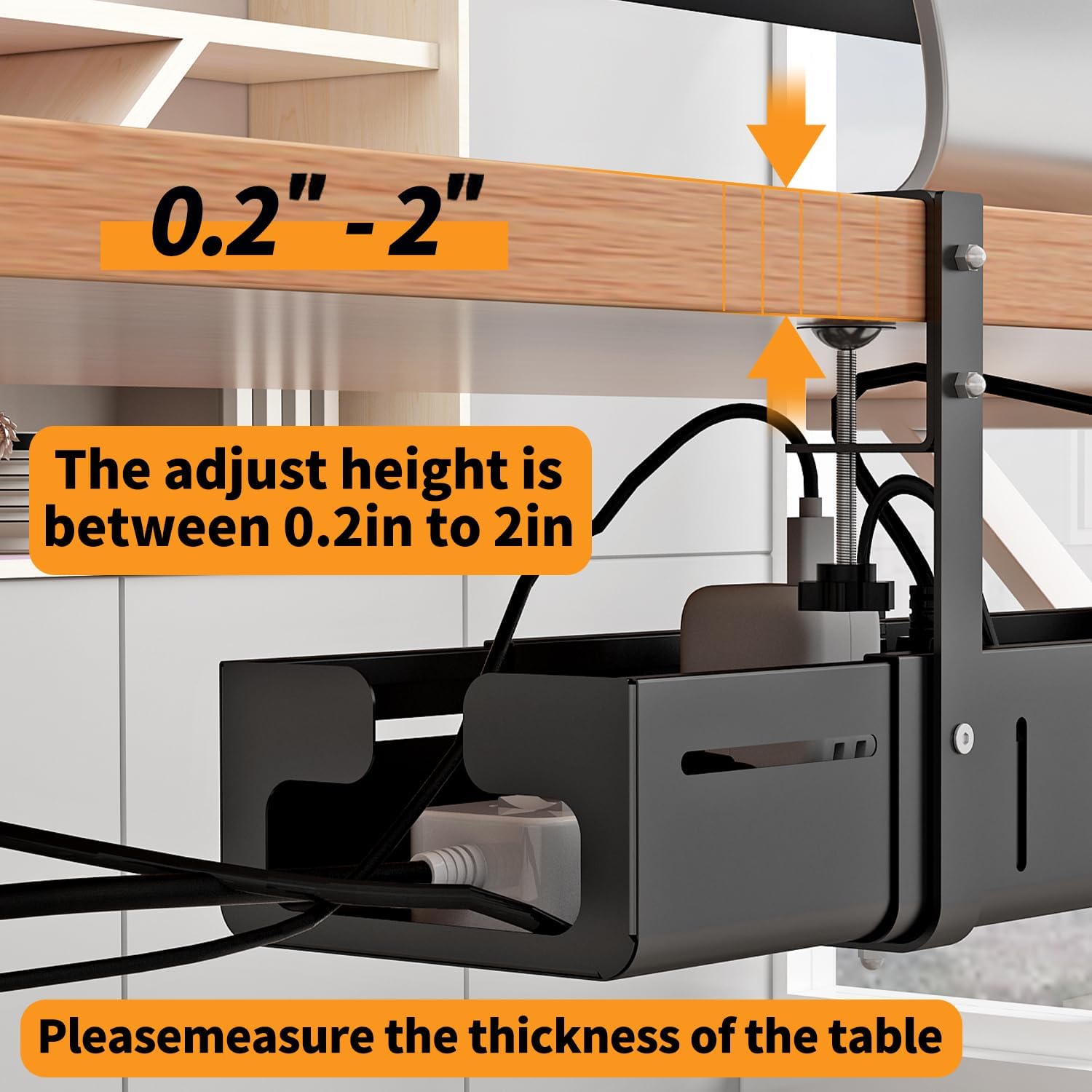 Under Desk Cable Management Tray, Expandable Length 25.2"-38.6",No Drill No Damage to Desk,Cable Tray with Clamp for with Wire Management,for Cord Organizer for Home Office Standing Desk, Black