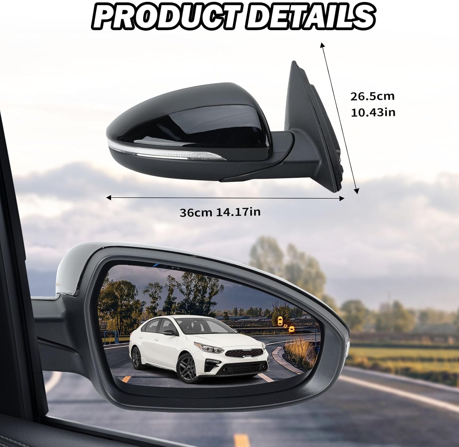 Right Passenger Side Mirror Fits 2019 2020 2021 2022 2023 KIA Forte Mirrors with Power Glass Heated Turn Signal Blind Spot Detection Manual Folding Black (8Pins)