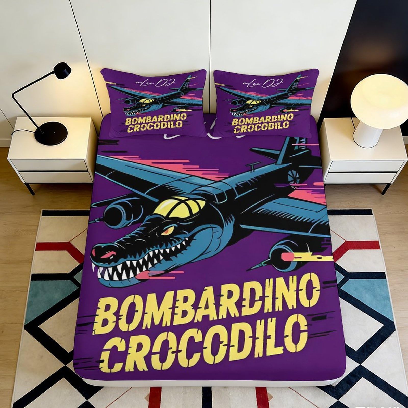 3D Printed Crocodile Plane Fitted Sheet Microfiber Durable Purple Bed Sheet with 3D Printed Airplane Design Mattress Cover for Bedroom Dormitory Guest Room 90x200x25cm