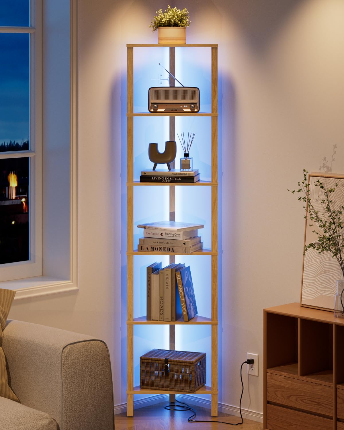 Estantería esquinera de 6 Niveles con luz LED, estantería Triangular de pie, Mueble Organizador Que Ahorra Espacio para salón, Dormitorio, Cocina o baño, Acabado Roble, 37 × 27 × 150 cm