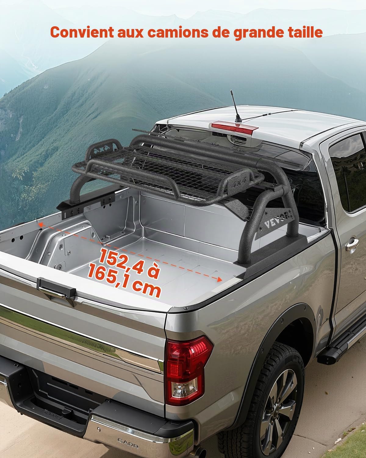 VEVOR Arceau de Sécurité Arrière pour Pick-up, Barre de Benne Réglable Universel, Compatible avec Pickup Pleine Grandeur, en Acier au Carbone, avec Plateau Porte-bagages et Support pour Éclairage