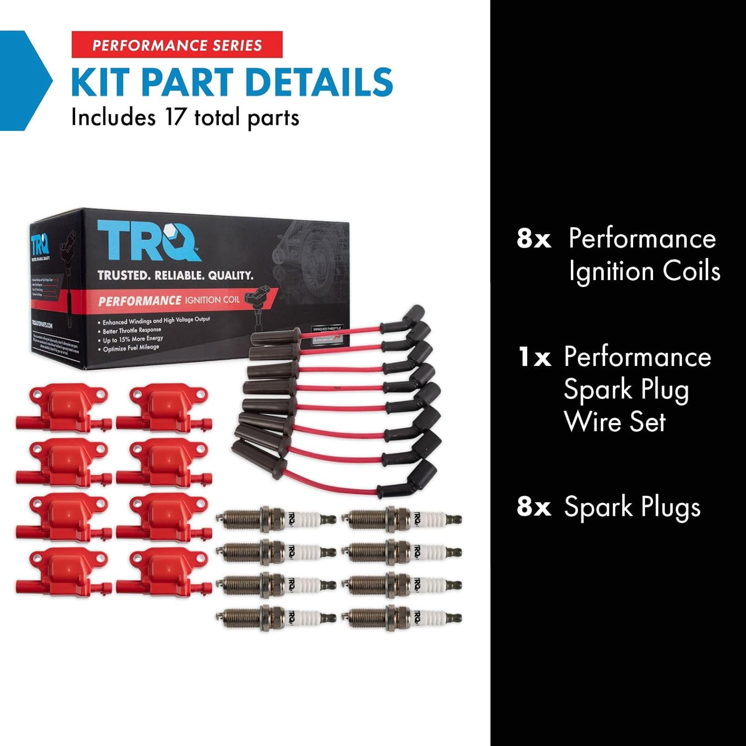 TRQ Ignition Coil & Spark Plug Kit 17 Piece Iridium Plugs Compatible with 2009-2013 Chevrolet Silverado 1500 2009-2012 GMC Sierra 1500 Yukon Suburban 1500 2014-2015 Camaro 2009-2010 Cadillac Escalade
