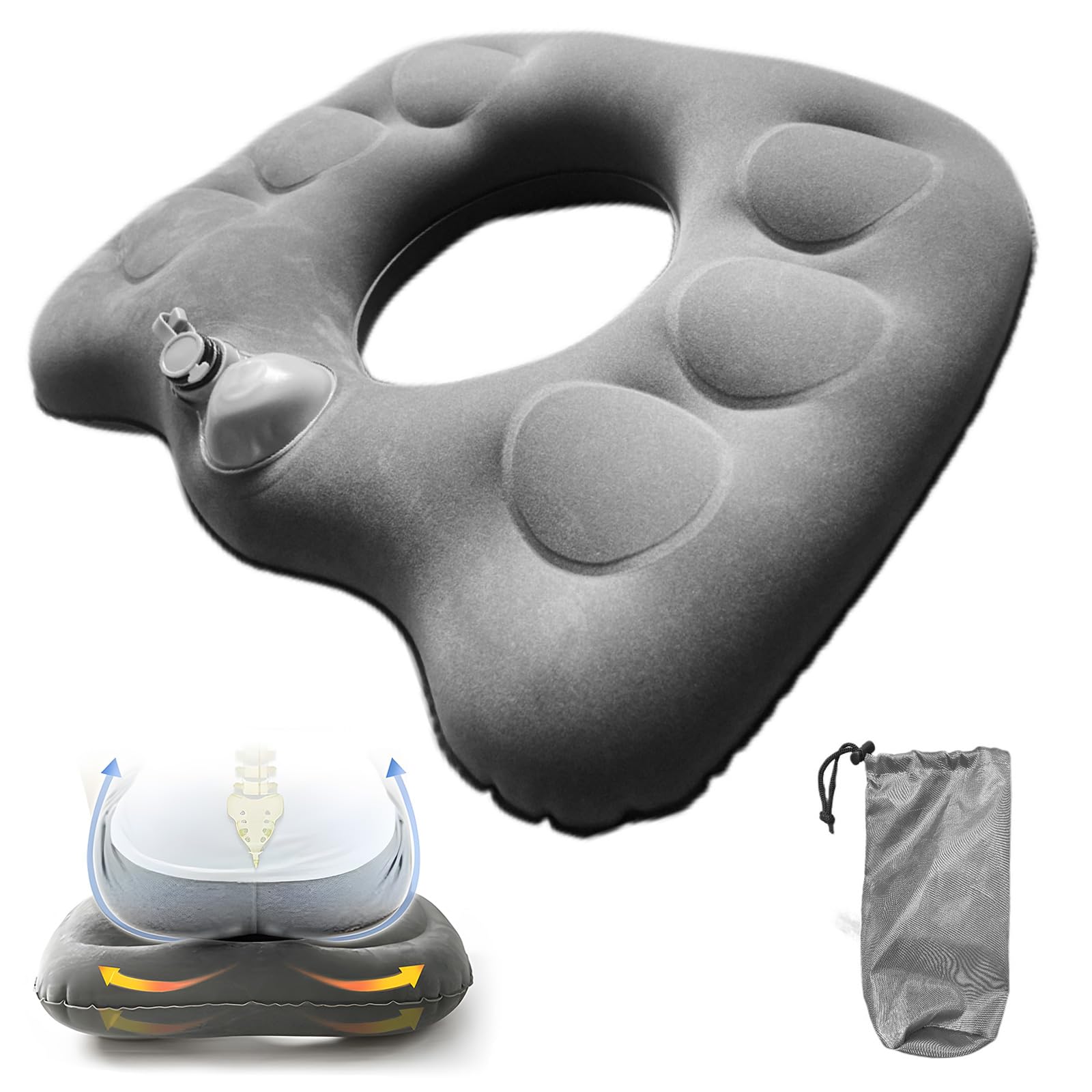 Inflatable Donut Hemorrhoid Seat Cushion - 1 Pack Inflatable Cushions To Sit On, Ring Seat Cushions for Hemorrhoids, Wheelchair, Pressure Relief, Bed Sores, Pregnancy & After Surgery Sitting(Grey)