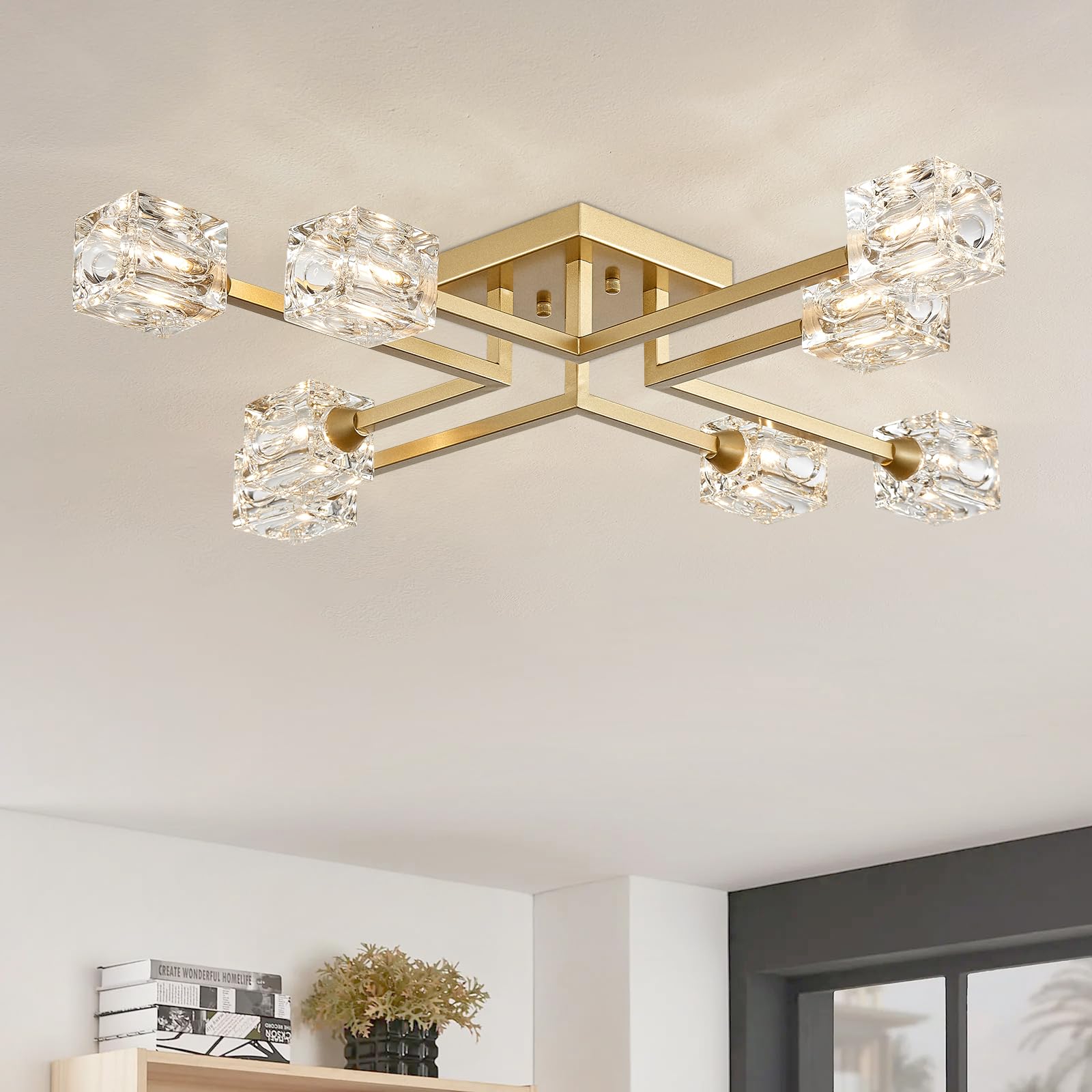 peskoe Gold Sputnik Chandelier Semi Flush Mount Ceiling Light, 8-Light Modern Ceiling Lighting Fixture, 32" Chandeliers for Dining Room, Living Room, Bedroom, Kitchen, Hallway, Office