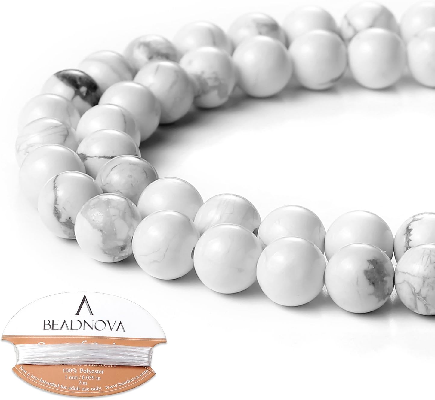 BEADNOVA Natural White Howlite Beads Natural Crystal Beads Stone Gemstone Round Loose Energy Healing Beads with Free Crystal Stretch Cord for Jewelry Making (8mm, 45-48pcs)