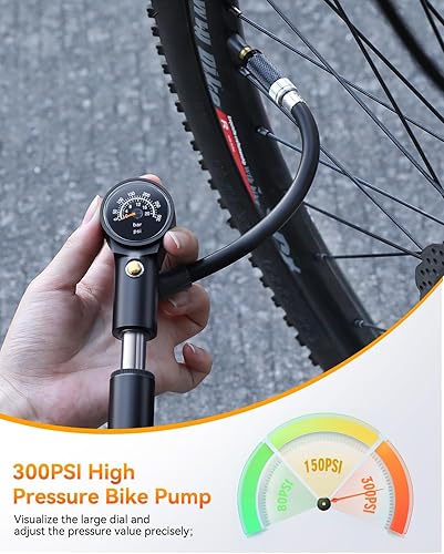 Miniatura 2 de Onvian Mini bomba de bicicleta con manómetro, bomba de bicicleta de 300 PSI para válvula Presta y Schrader, bomba de choque portátil para bicicleta