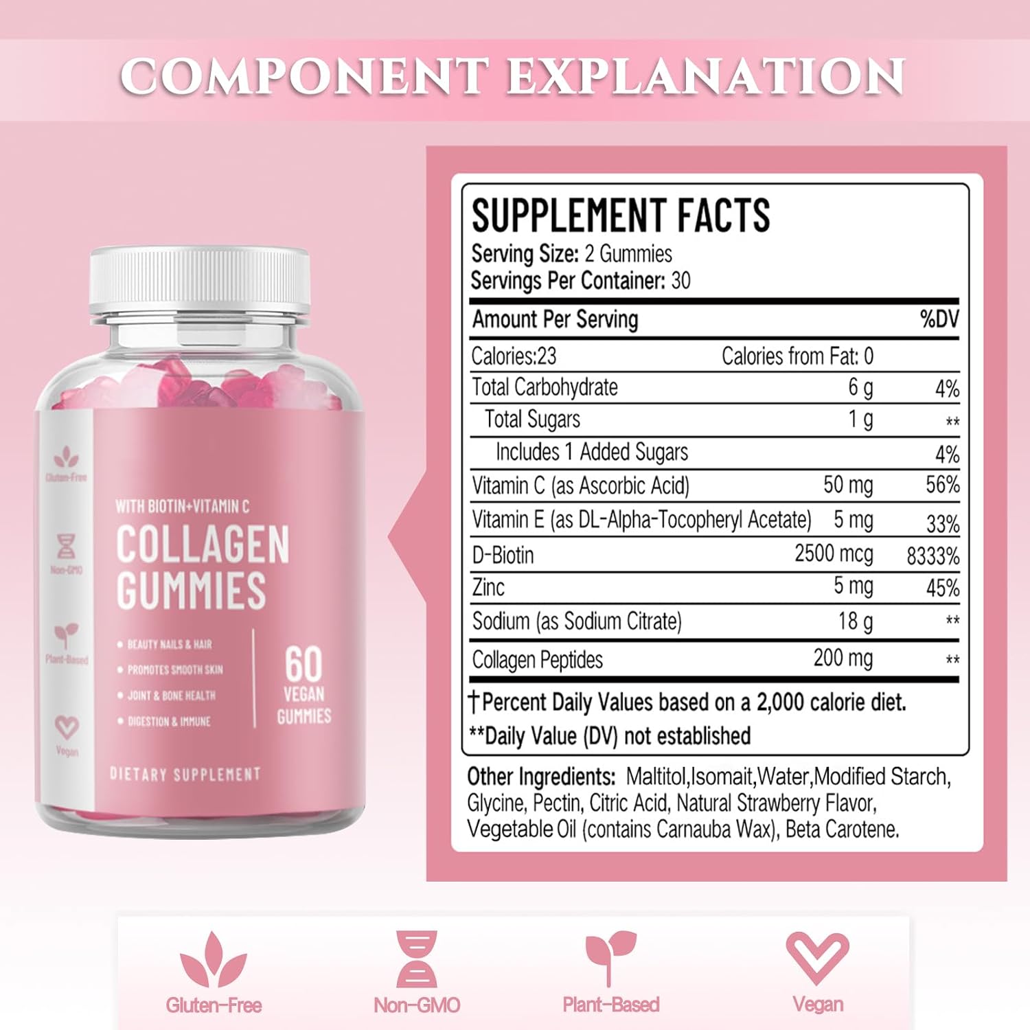 60PCS Collagen Gummies - Promotes Collagen Production - Supplements Vitamin C, E- Supports Skin, Joints, Nails and Hair