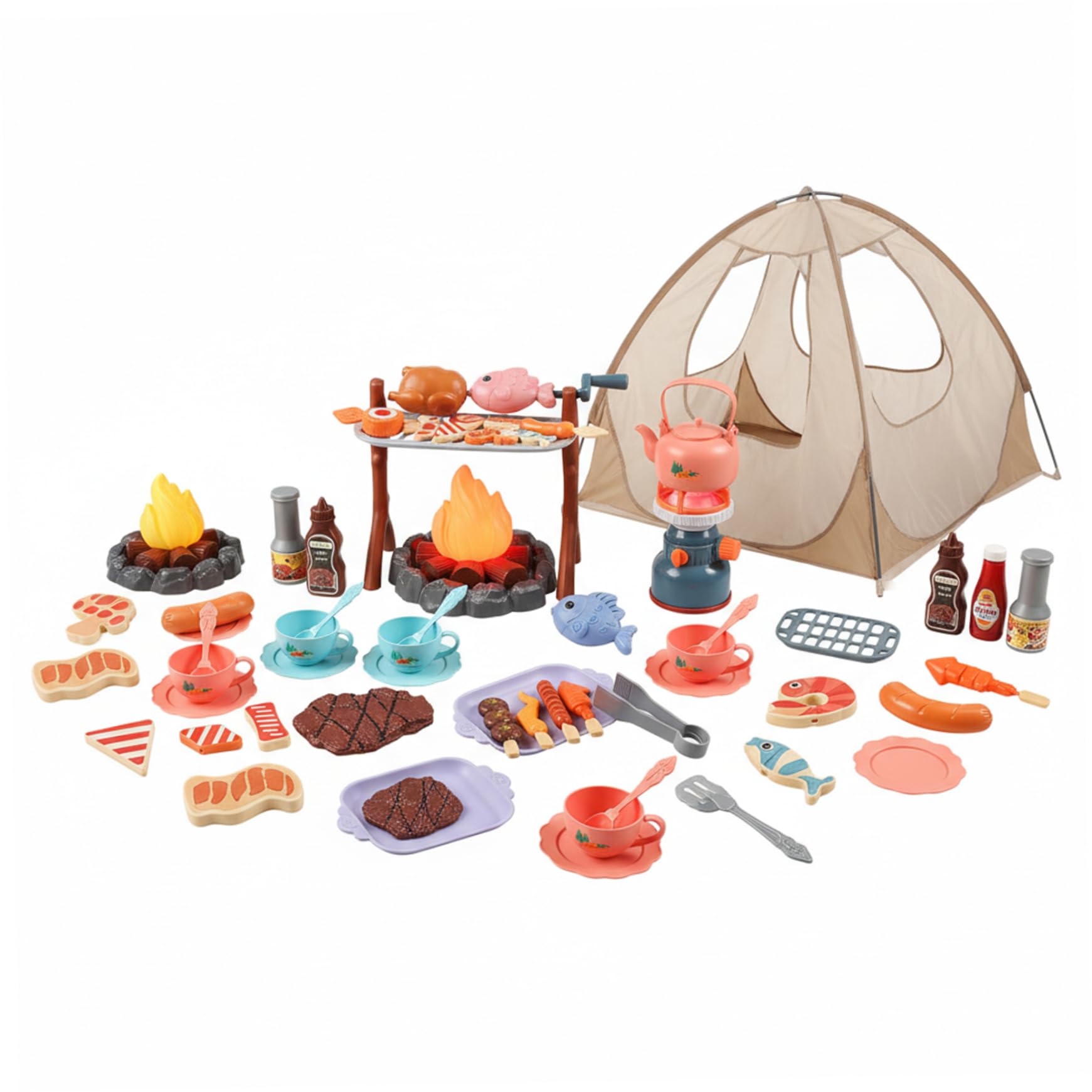 Monwssoe Play Tents, Kids Camping Set with Light & Sound - 47PCS Pretend Play Toys with Pop-Up Tent, Realistic Campfire & Cooking Gear for Indoor & Outdoor Toddler Adventure