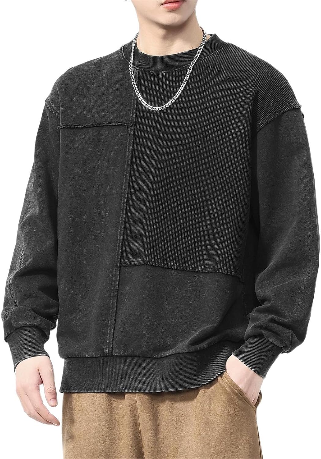 Men's Retro Washed Splicing Sweatshirt, Autumn Heavyweight Long Sleeve Loose Casual Top