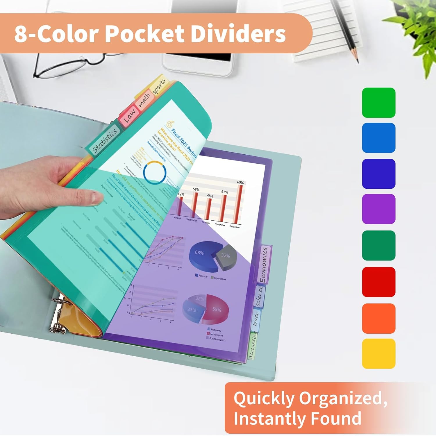 Binditek Plastic 8-Tab Binder Dividers with 2 Pockets, 6 Set 48 Pack, Pocket Dividers, for 3 Ring Binders, Letter Size, Includes Writable Labels, Assorted Colors