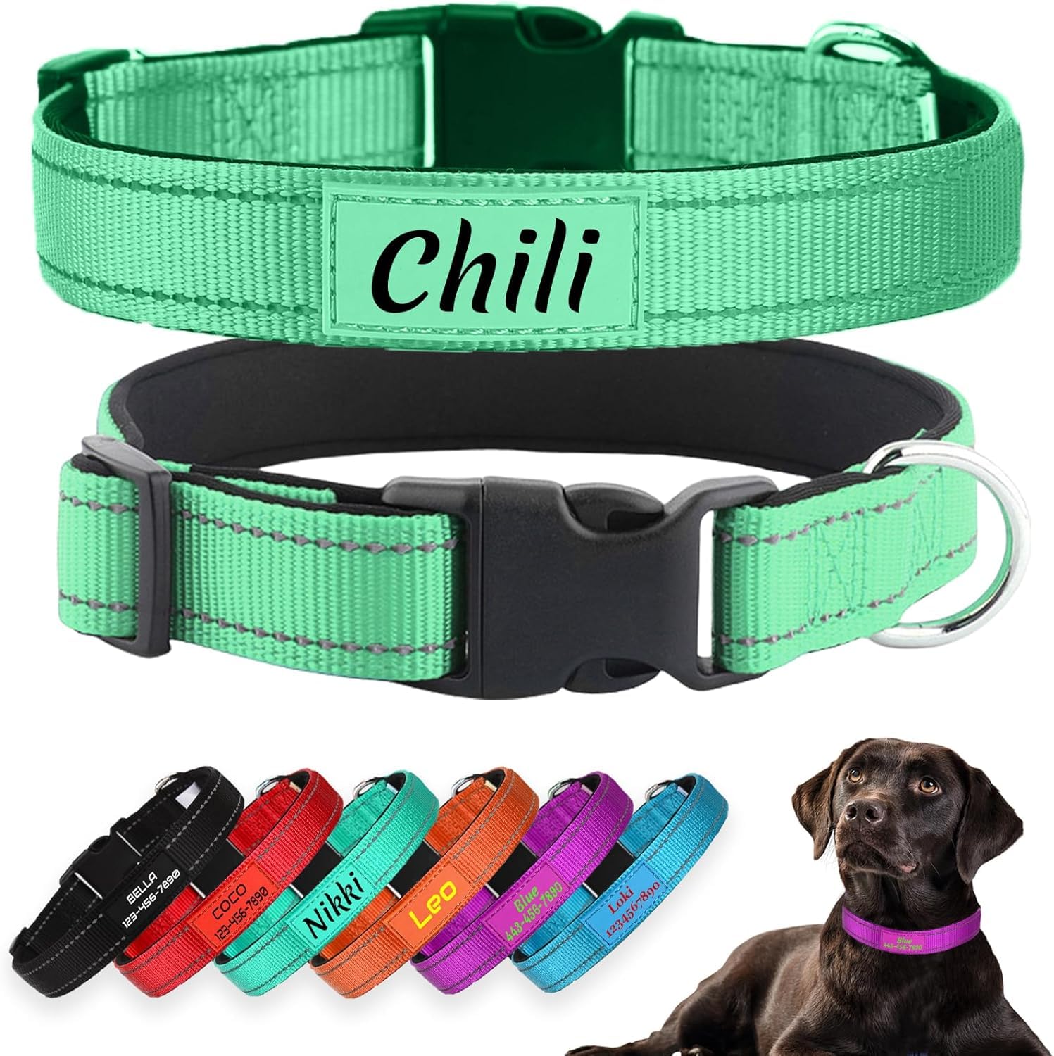 Custom Reflective Nylon Dog Collar with Personalized Name & Phone Number | Adjustable 5 Sizes and 3 Fonts | Soft Neoprene Padding for Male Female Puppies and Dogs,Teal