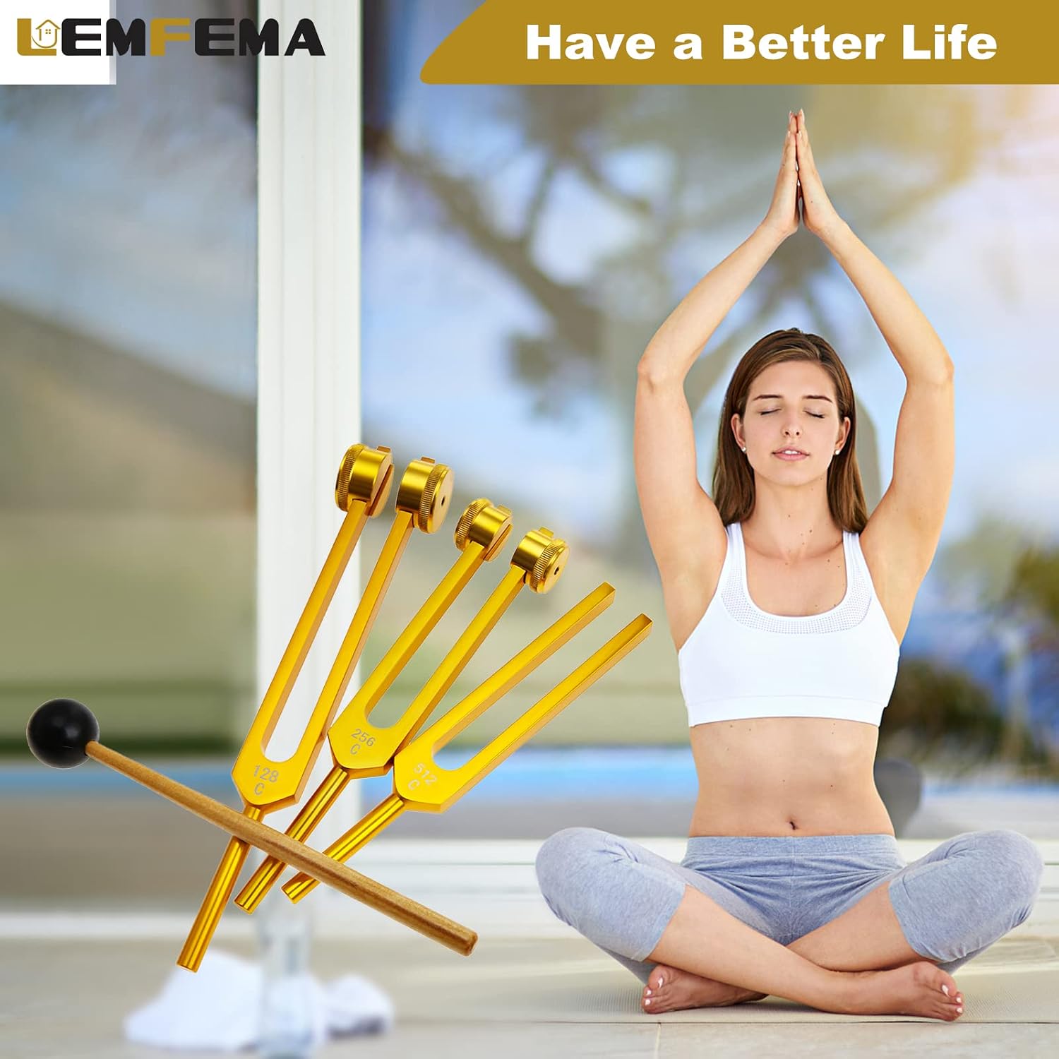 Tuning Forks Set(128Hz, 256Hz, 512Hz), with Hammer and Storage Bag, Gold