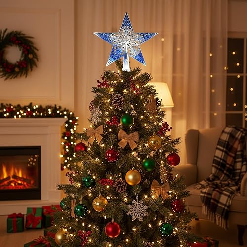 Miniatura 4 de BinaryABC Estrella para árbol de Navidad, adornos colgantes para árbol de Navidad, purpurina hueca (azul plateado)