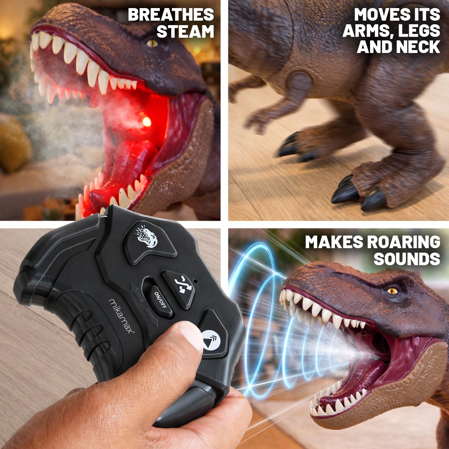 mikamax RC T-Rex Dinosaurier - Dampfatmung Effekt - Ferngesteuerter Laufender Dino - Licht & Sound - Realistischer Rauch - Interaktives Kinderspielzeug Geschenk