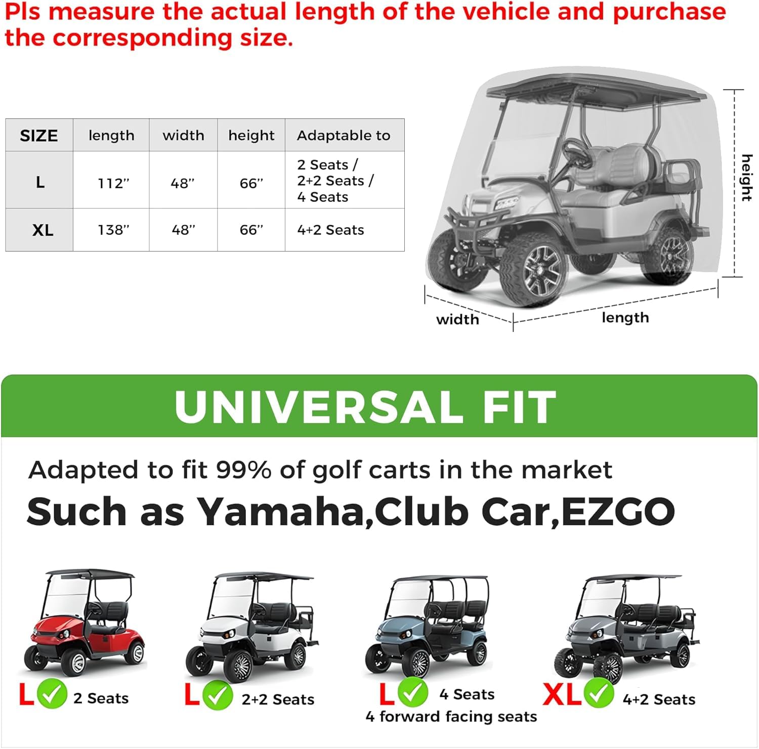 10L0L Housse de chariot de golf pour 4 + 2 passagers pour Yamaha EZGO, Club Car, housse imperméable 420D en polyester durable avec trois portes à fermeture éclair, coupe-vent, résistante au soleil,