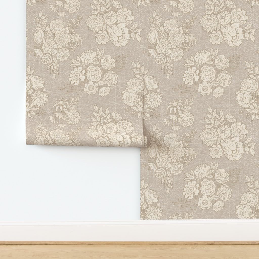 Peel & Stick Wallpaper 3ft x 2ft - Vintage Peony Country Floral Botanical Neutral Rustic Boho Tan Taupe Custom Removable Wallpaper by Spoonflower