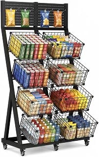 Scaffale da Cucina con Ruote, Carrello Portatutto per Snack, Organizzatore | 4 ripiani impilabili per verdure, scaffale autoportante con 8 cestini metallici, scaffale per dispensa per bagno, cucina