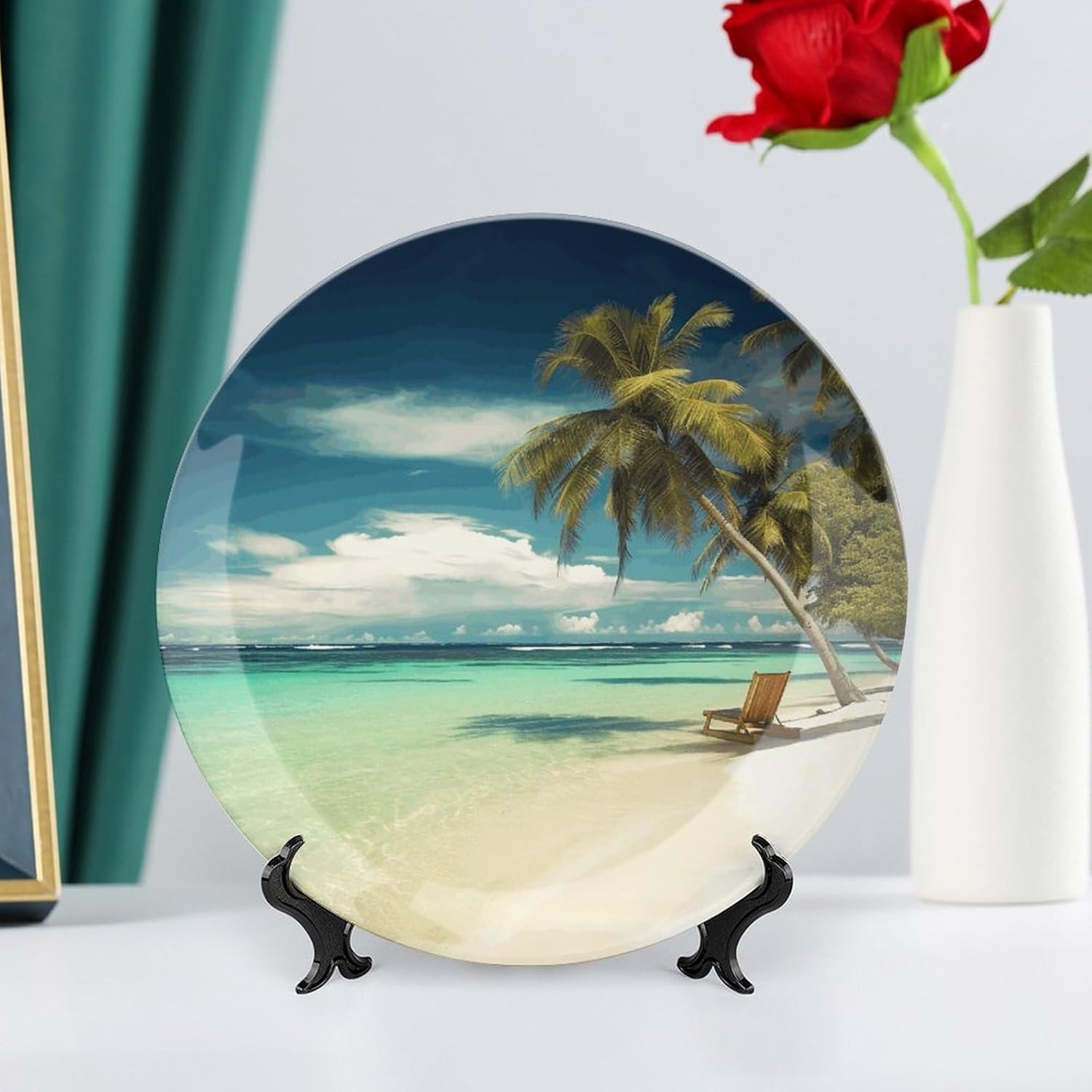 Tropical Holidays Bone China Decorative Plate with Display Stand, Ceramic Ornaments Plate for Wall Hanging, Personalized Porcelain Plates for Office, Living Room 10inch