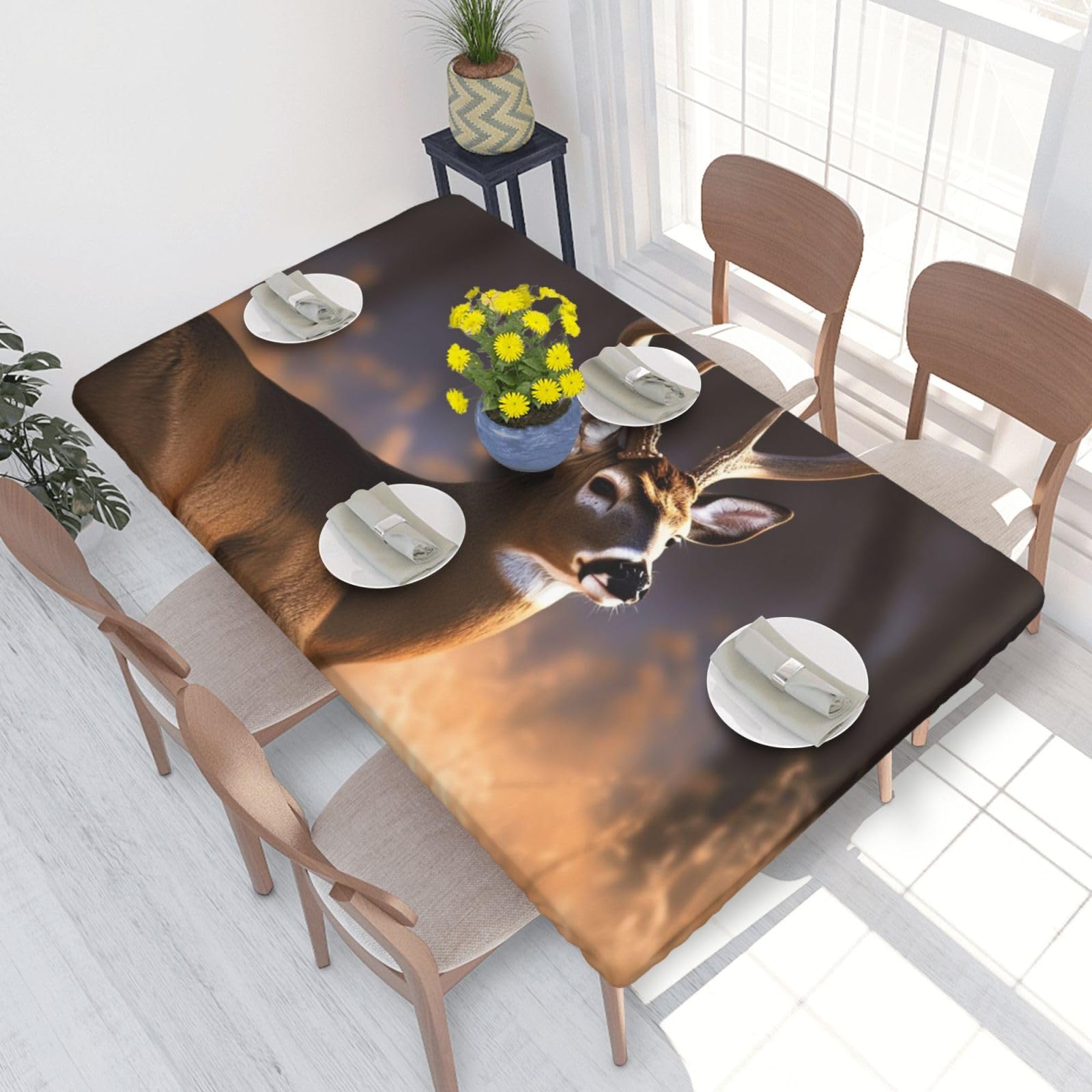 DCARSETCV Free Whitetail Deer Printed 4FT Waterproof Tablecloth with Elastic Edged Protect & Decor Your Table, Oil-proof Washable Table Cloth Cover for Dinner Picnic Party
