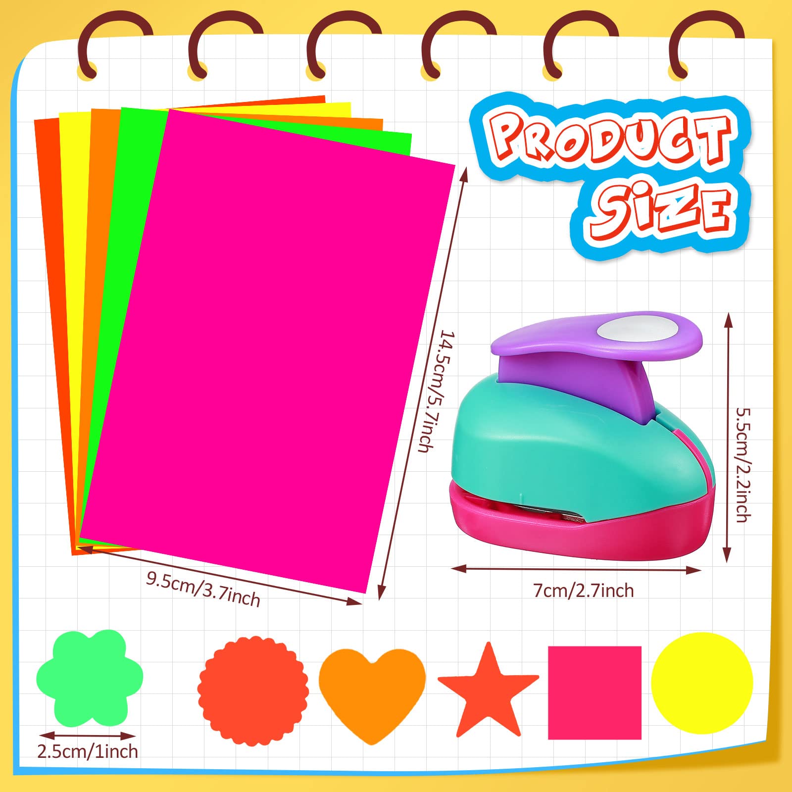 Craft Holes Punch - Punzoni per carta da 3,6 cm, con carta adesiva, rotonda, stella, quadrata, cuore, fiore, forma a cerchio a onde (36 pezzi)