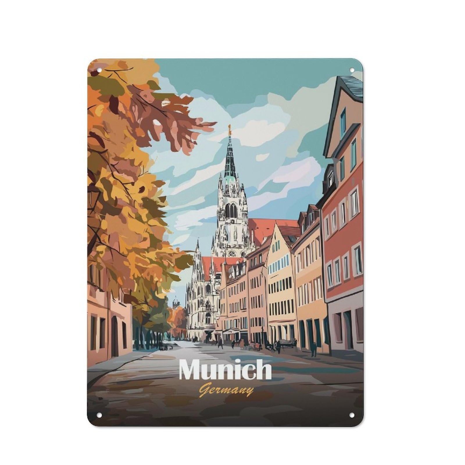 Junmoney Style-21 Munich Cityscape Illustration Tin Sign 40X30cm For Home Bar Wall, Vintage Wall Decor, For Garage, Workshop And Man Cave Decoration