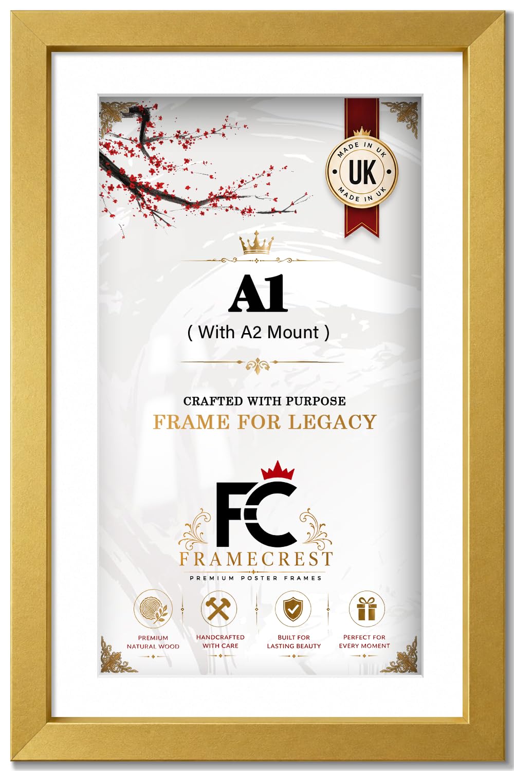 FRAMECREST LTD A1 Picture Frame Engineered Wood Finish (59.40 x 84.10 cm) (33 x 23 Inch) Frame With A2 White Mount (41.90 x 59.40 cm), Matted Picture Frames Wall Art Or Office Display - [Gold]