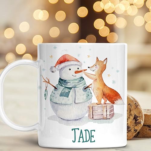 Personalized Christmas Cup with Kids Name Cute Fox and Snowman Unbreakable Child's Mug | Dishwasher Safe | BPA Free