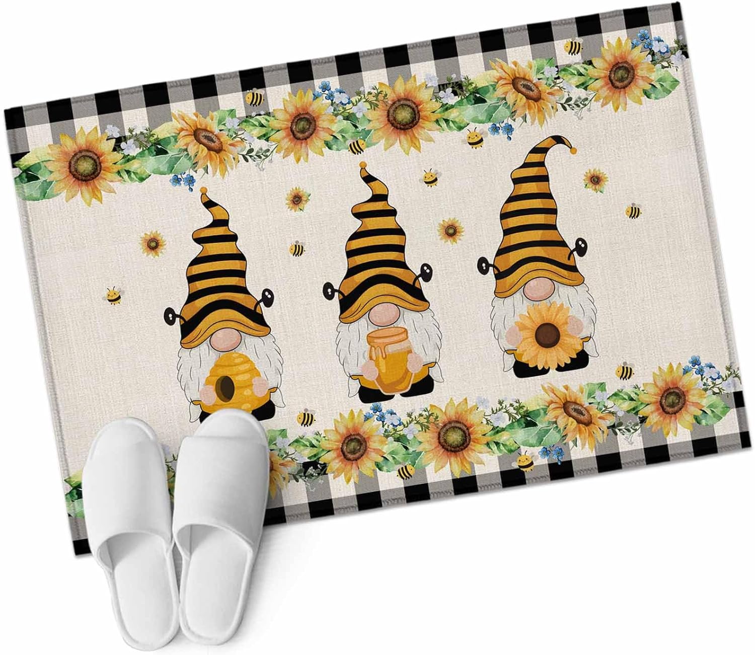 Spring Honey Gnomes Entryway Rug 2'x3' Non Slip Front Door Mats, Farmhouse Sunflower Black Checkered Entrance Rugs Indoor Outdoor Carpet, Washable Floor Mats Small Area Rug for Bedroom Kitchen