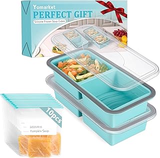 Silicone Freezer Trays with Lids 2 Cup Soup Freezer Containers Molds with 10 Large Freezer Bags, 2 Pack Ice Cube Trays for Freezing Soups, Stews, and Sauces, Dishwasher Safe