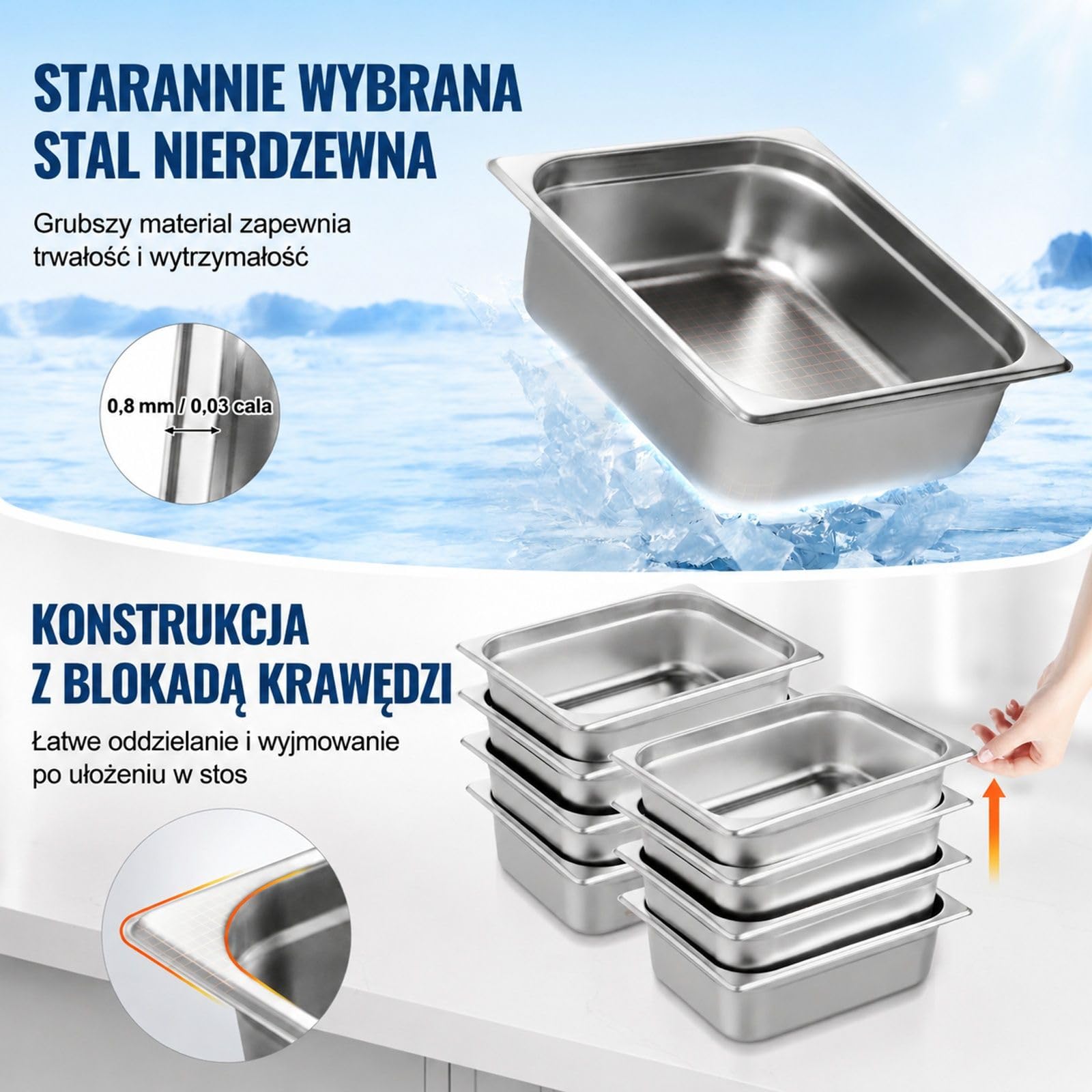 Zestaw 8 pojemników gastronomicznych ze stali nierdzewnej z pokrywkami do cateringu i bufetu