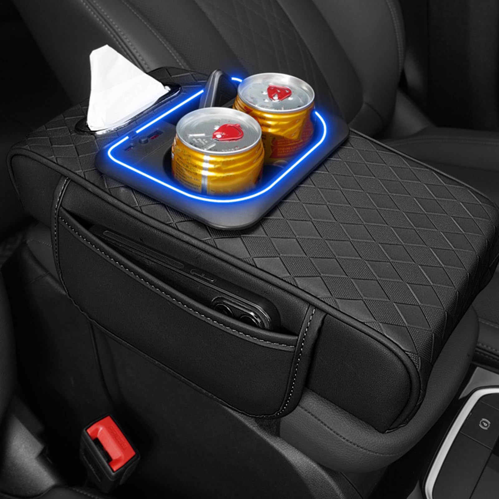 Organizer per bracciolo auto con Portalenzuole in Pelle | Copriconsole Portaoggetti con Tasca Laterale per Camion Pickup SUV Camper Veicoli, Sedile Anteriore, Viaggi Quotidiani in