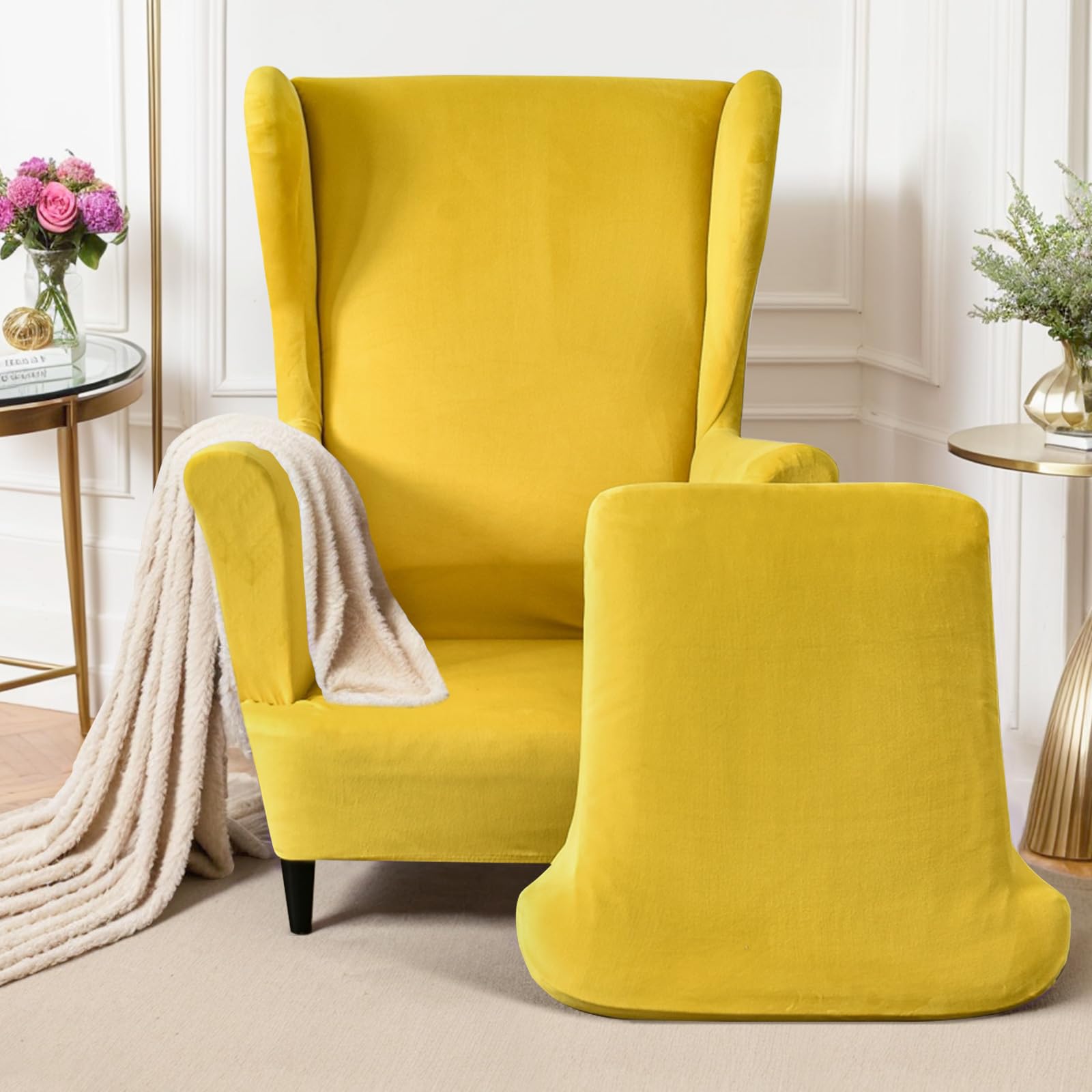 XINEAGE - 1 fodera per poltrona wingback, in velluto, elasticizzata, antiscivolo, protezione per mobili, con bastoncini in schiuma, per salotto (poltrona wingback, blu pavone