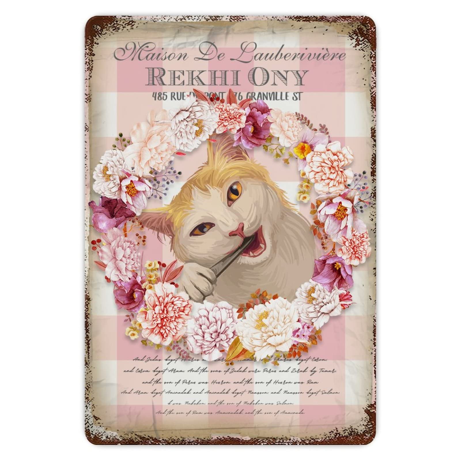 ENEDNATE French Shabby Cat Vintage Metal Tin Sign 8x12 inch Aluminum Sign for Kitchen Bars Restaurants Cafes Pubs Wall Decor