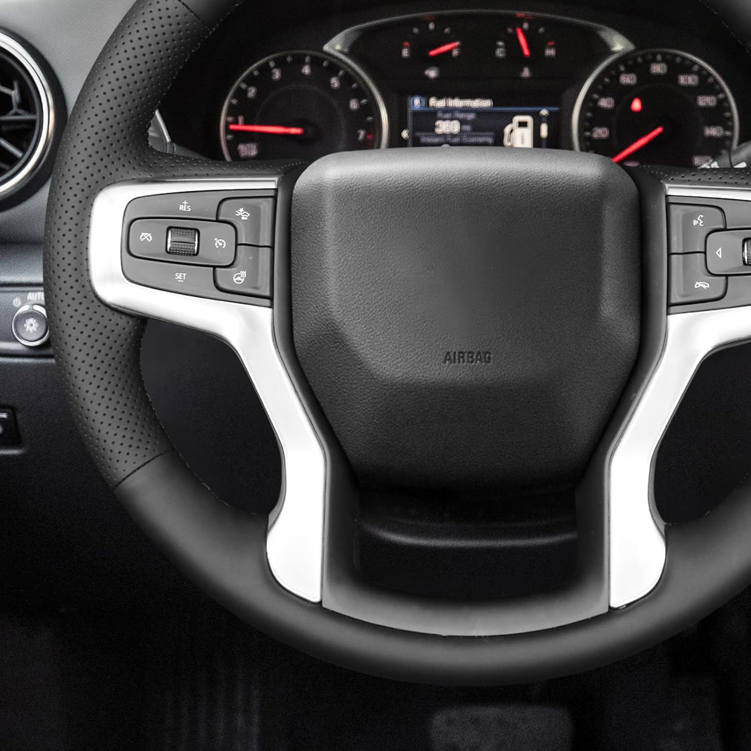 MEWANT DIY Hand Stitch Black Genuine Leather Steering Wheel Cover Wrap for Chevy Silverado Blazer 1500 Silverado 2500