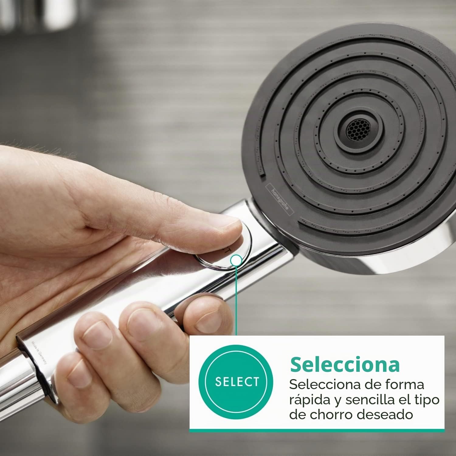 hansgrohe Pulsify Select S - ducha de mano, alcachofa de ducha con 3 tipos de chorro (versión Relaxation), cabezal de ducha redondo (⌀ 105 mm), con sistema antical, cromo, 24110000