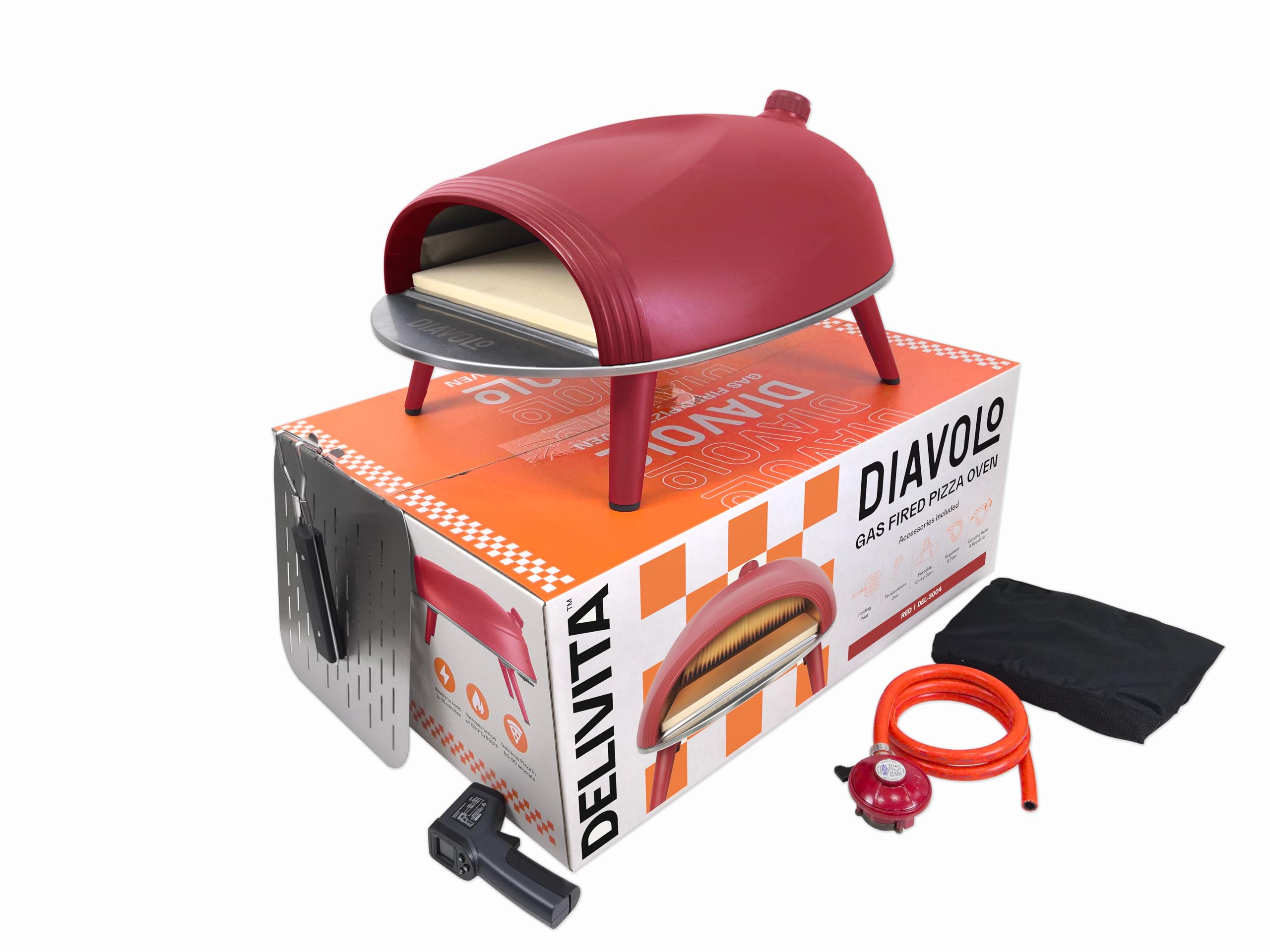 DeliVita Diavolo Gas Portable Pizza Oven – Powered by Propane, Butane or Camping Bottles, Includes - Folding Peel, Carry Case, Temperature Gun, Camping Regulator and Gas Regulator - Red