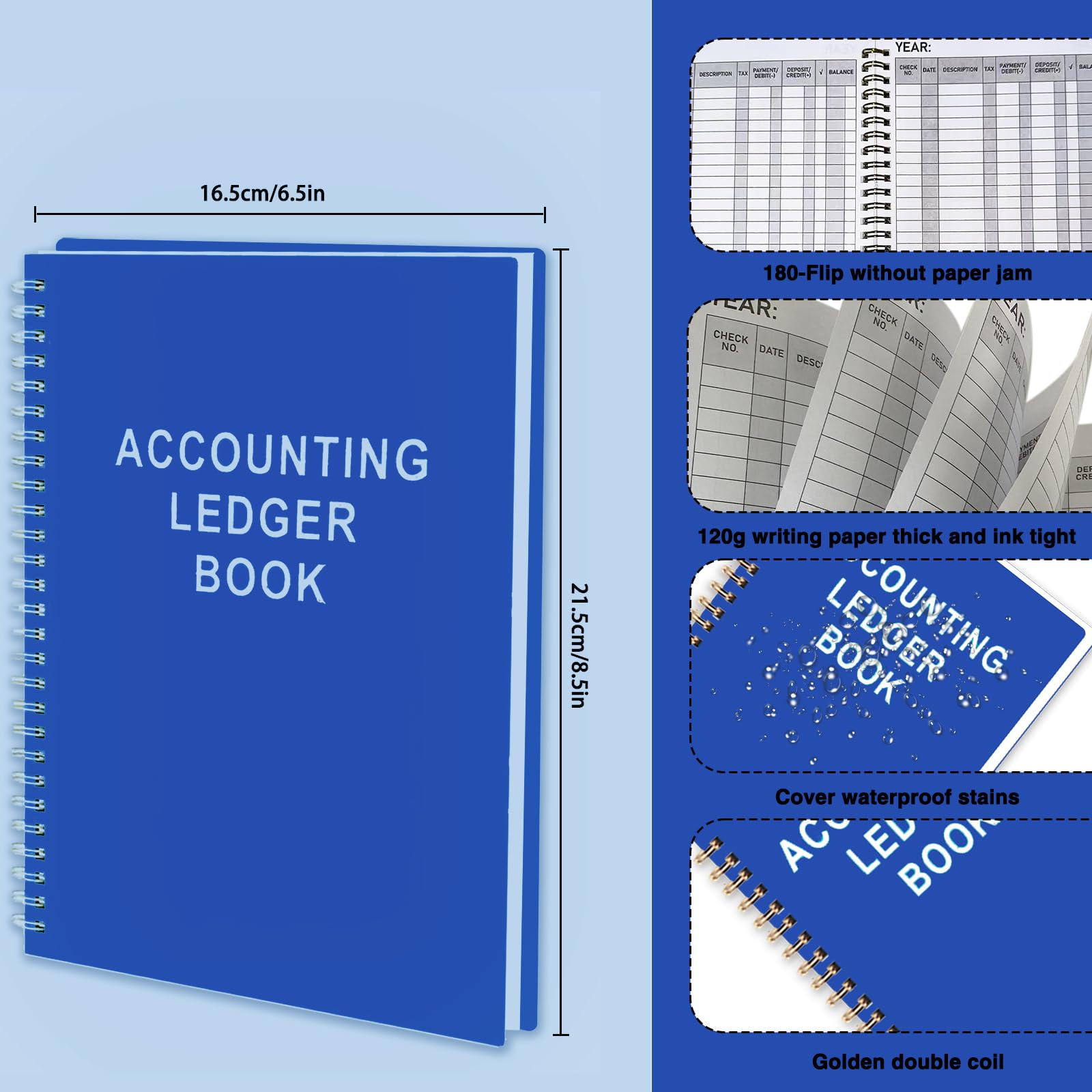 Libro de contabilidad, planificador mensual de presupuesto con rastreador de gastos, color azul