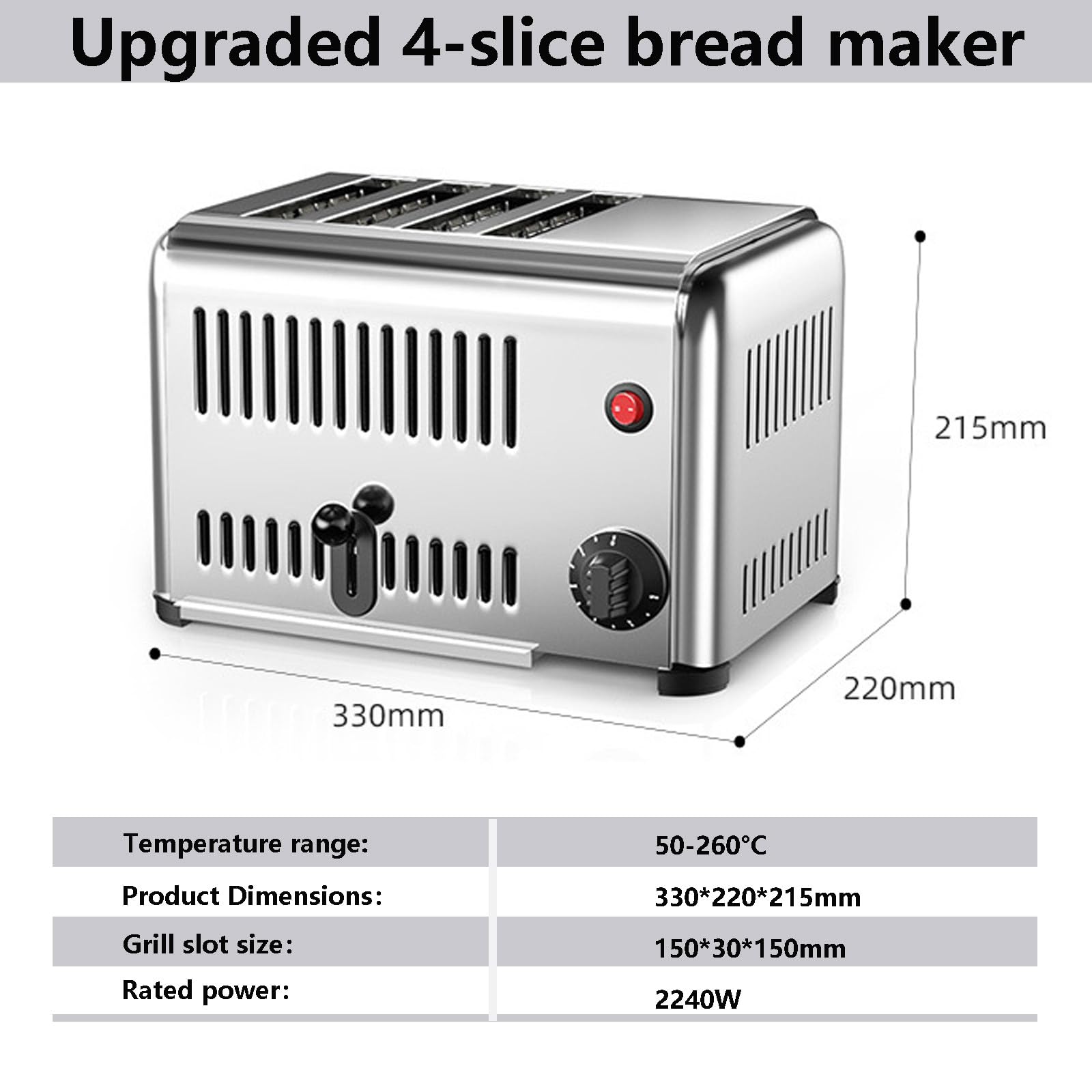 Toster Komercyjny Na 4 Kromki, Elektryczny, Ze Stali Nierdzewnej, 1800 W, Z Regulacją Czasu, 3 Tryby, Do Domów, Restauracji, Hoteli Upgraded4-slice