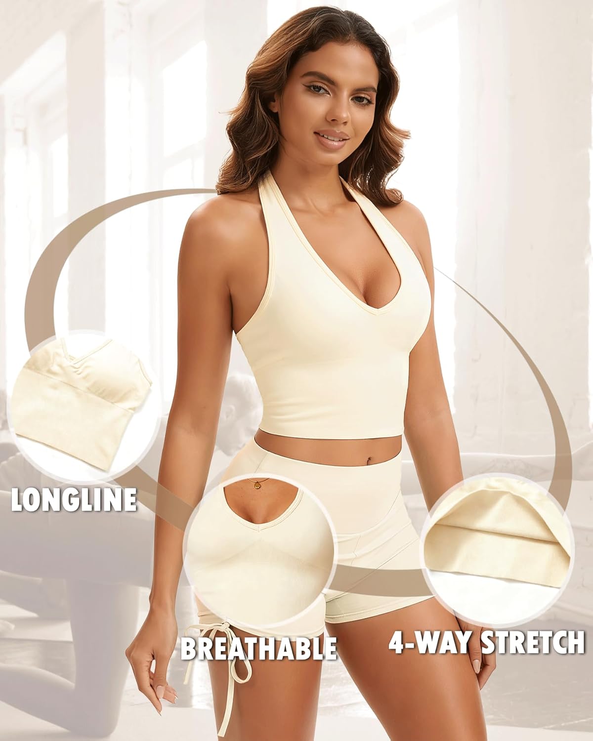 Halter Longline Sports Bras - Low Impact Open Back Bras Padded Workout Crop Tank with Built in Bra - Image 2