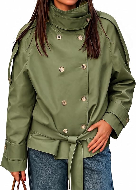 Cicy Bell Womens Short Trench Coats Double Breasted Casual Belt Fall Jacket