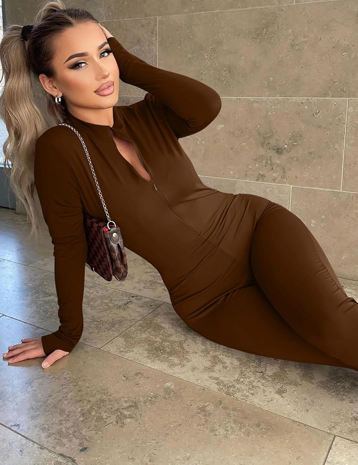 Mizoci Women's Sexy One Piece Jumpsuit Bodycon Long Sleeve V Neck Zipper Full Bodysuit - Image 5