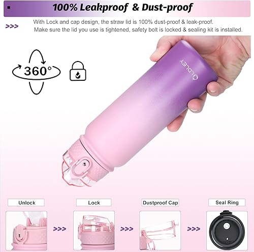 Miniatura 5 de Oldley Botellas de agua de 20 onzas aisladas con popote y 3 tapas, botellas de agua de acero inoxidable al vacío, a prueba de fugas y sudor, botella
