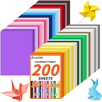 200 Pack 5" x 7" Cardstock, 50 Colors, 250GSM Thick Colored Paper