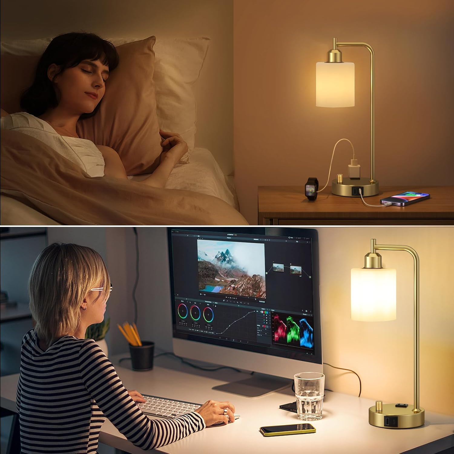 Innqoo Industrial Table Lamps for Bedroom Set of 2 - Fully Dimmable Bedside Lamps with USB Ports and Outlet, Gold Nightstand Lamps with Opal Glass Shade for Living Room, Desk Lamps for Office Reading thumbnail