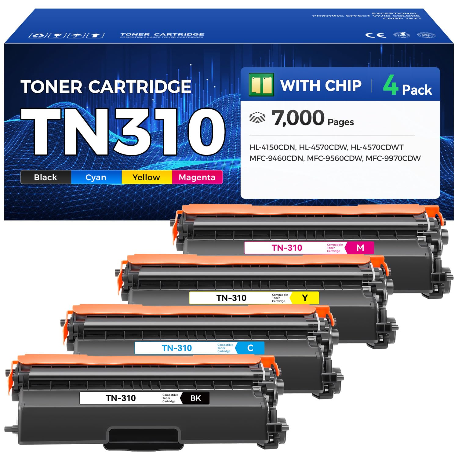 TN310 Toner Cartridge Set 4-Pack with Chip Replacement for Brother TN-310 TN-315 TN-336 Compatible with DCP-9050 9055 9270 HL-4140 4145 4570 MFC-9460 9560 9970 (1 Black 1 Cyan 1 Magenta 1 Yelllow)