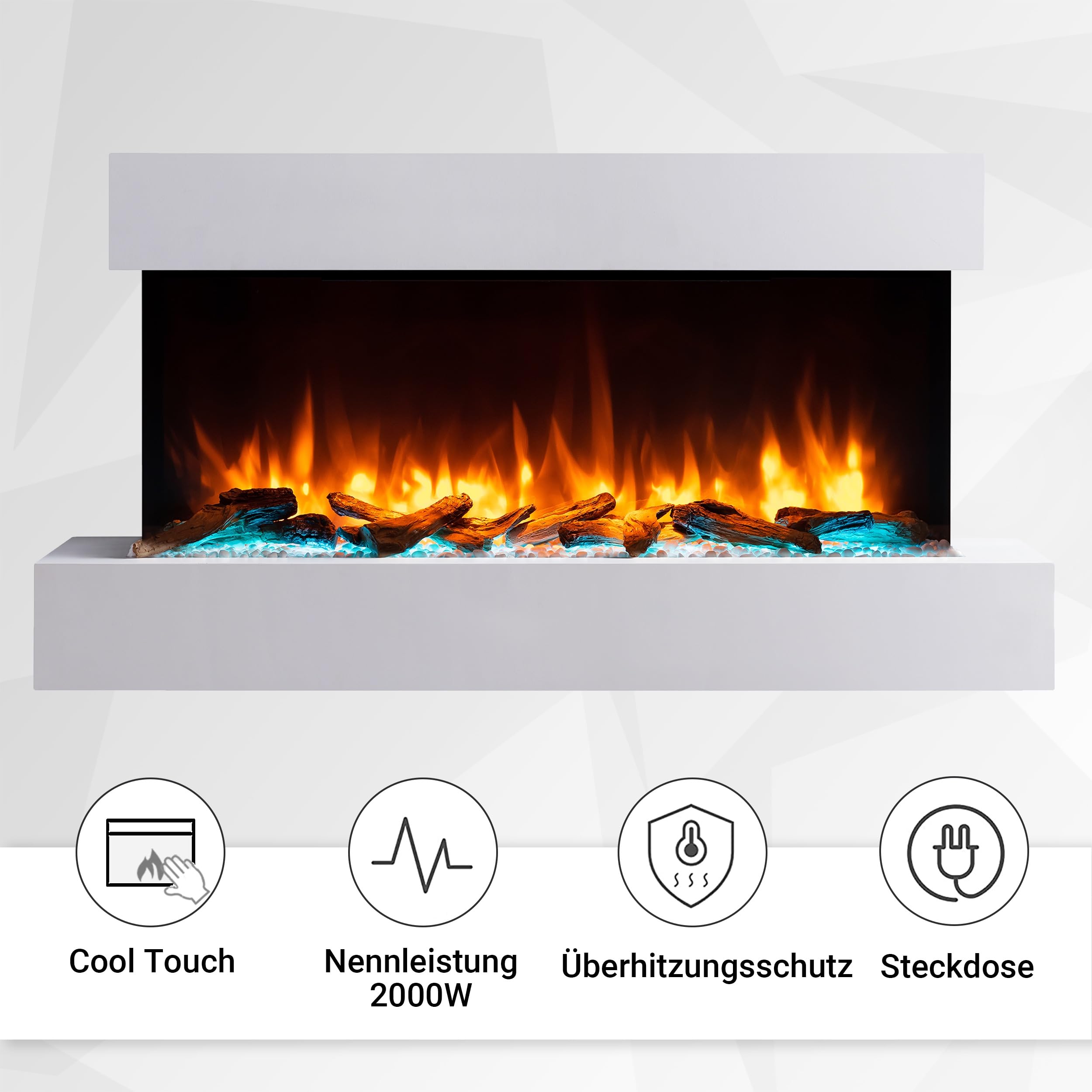 BALDERIA Ignis - Elektrischer Wandkamin mit Heizung und LED Flammeneffekt, Weiss