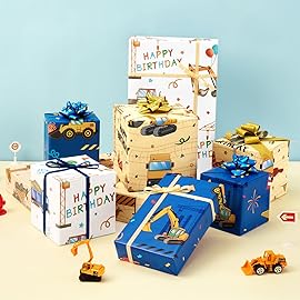 WERNNSAI Construction Wrapping Paper Rolls - 3 Short Rolls Birthday Wrapping Paper Rolls Kids Boys Wrapping Paper Rolls Trucks Wrapping Paper Blue Yellow White Gift Wrapping Paper with Cut Lines 17 in x 10 ft