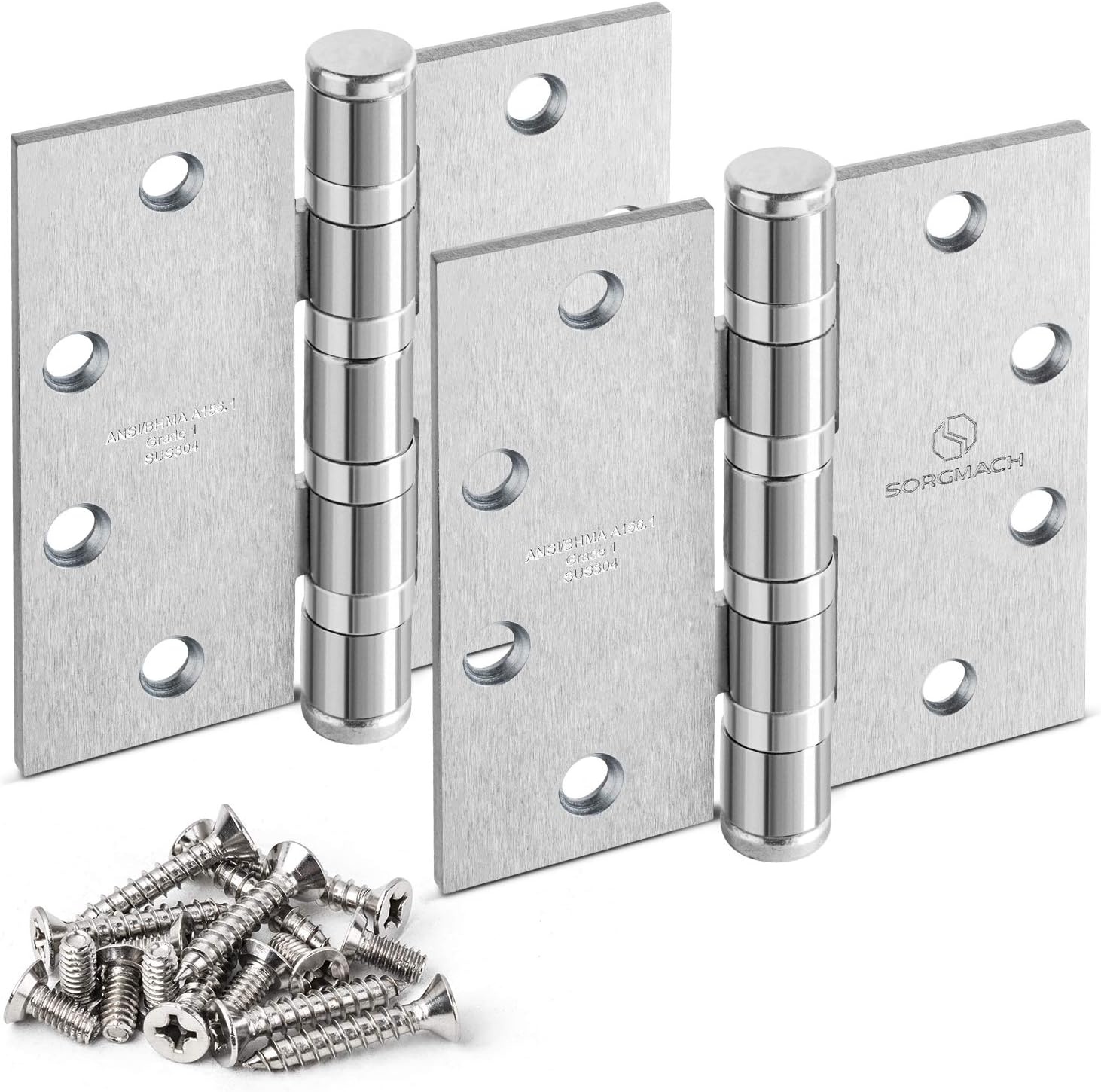304 Stainless Steel 4.5 Inch Commercial Hinges Heavy-Duty Door Hinges Brushed Silver Satin Nickel Square Radius Corners 4 1/2 Door Hinges- 3 Pack