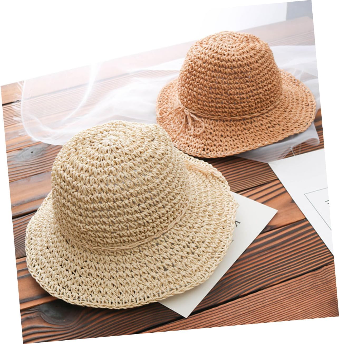 LIFKOME 3pcs Girls Boys and Girls Casual Straw Beach Hat for Sun Stylish Bowknot Design for Vacation and Outdoor Activities Beige